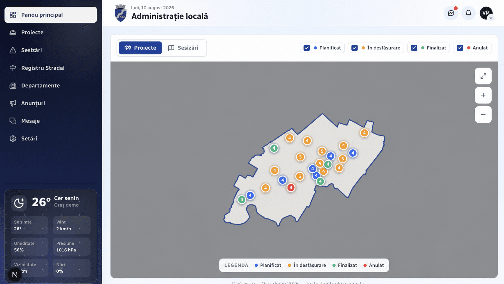 Dashboard operațional eCivic cu hartă și module administrative