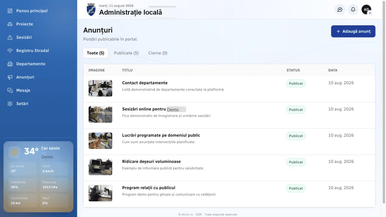 Administrarea anunțurilor publice eCivic