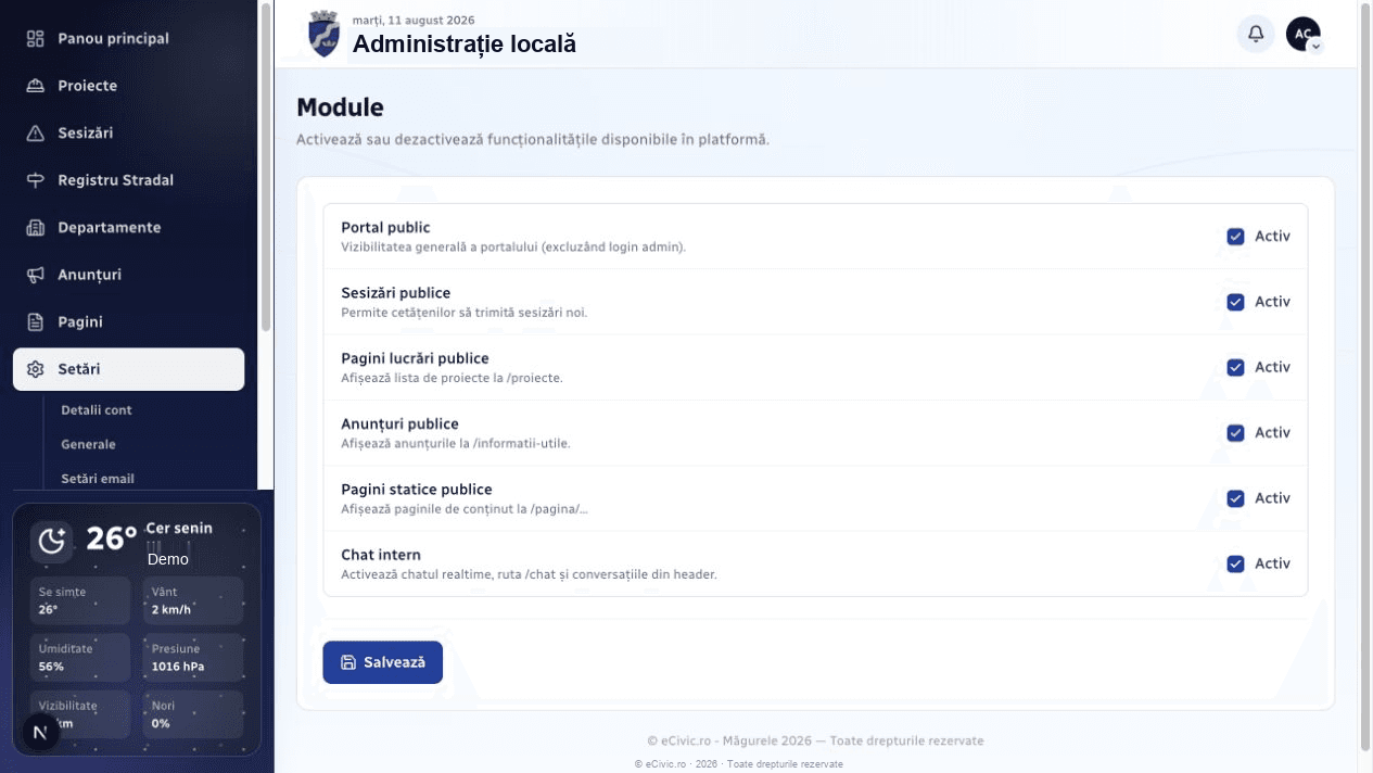 Activarea modulului de chat intern
