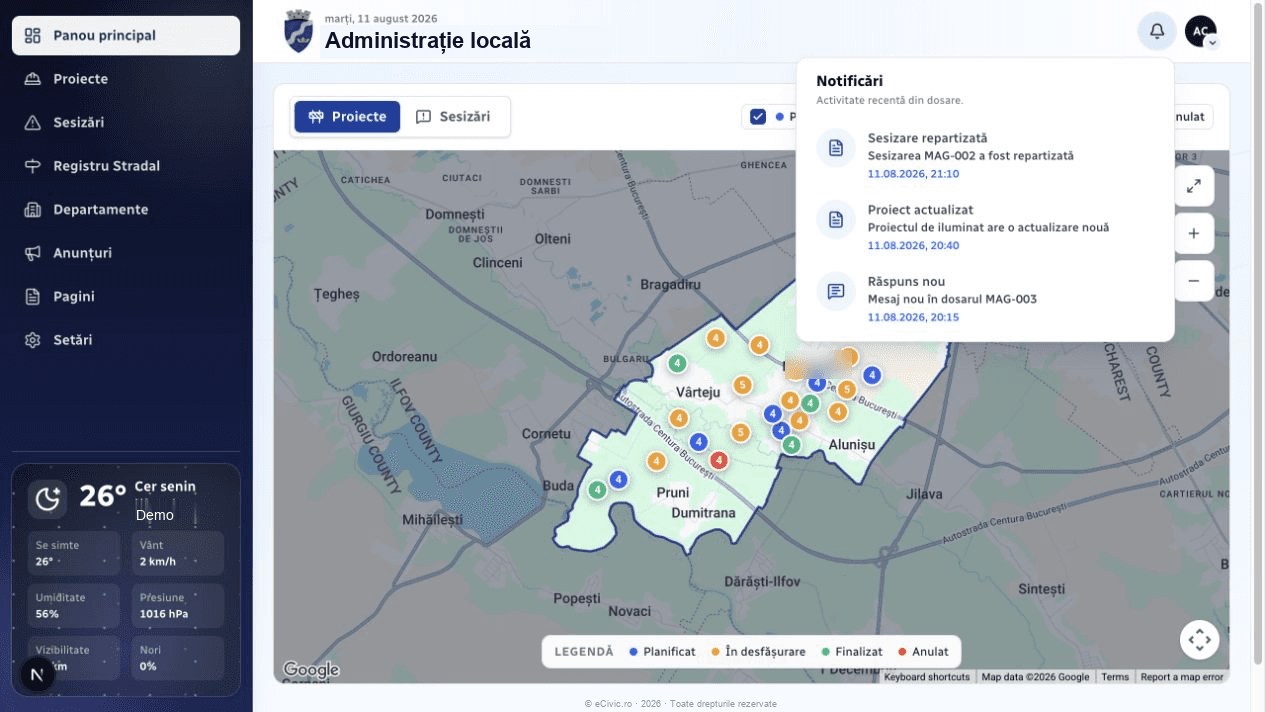 Centrul de notificări eCivic cu evenimente demonstrative