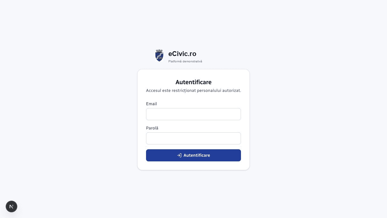 Ecranul de autentificare al platformei eCivic
