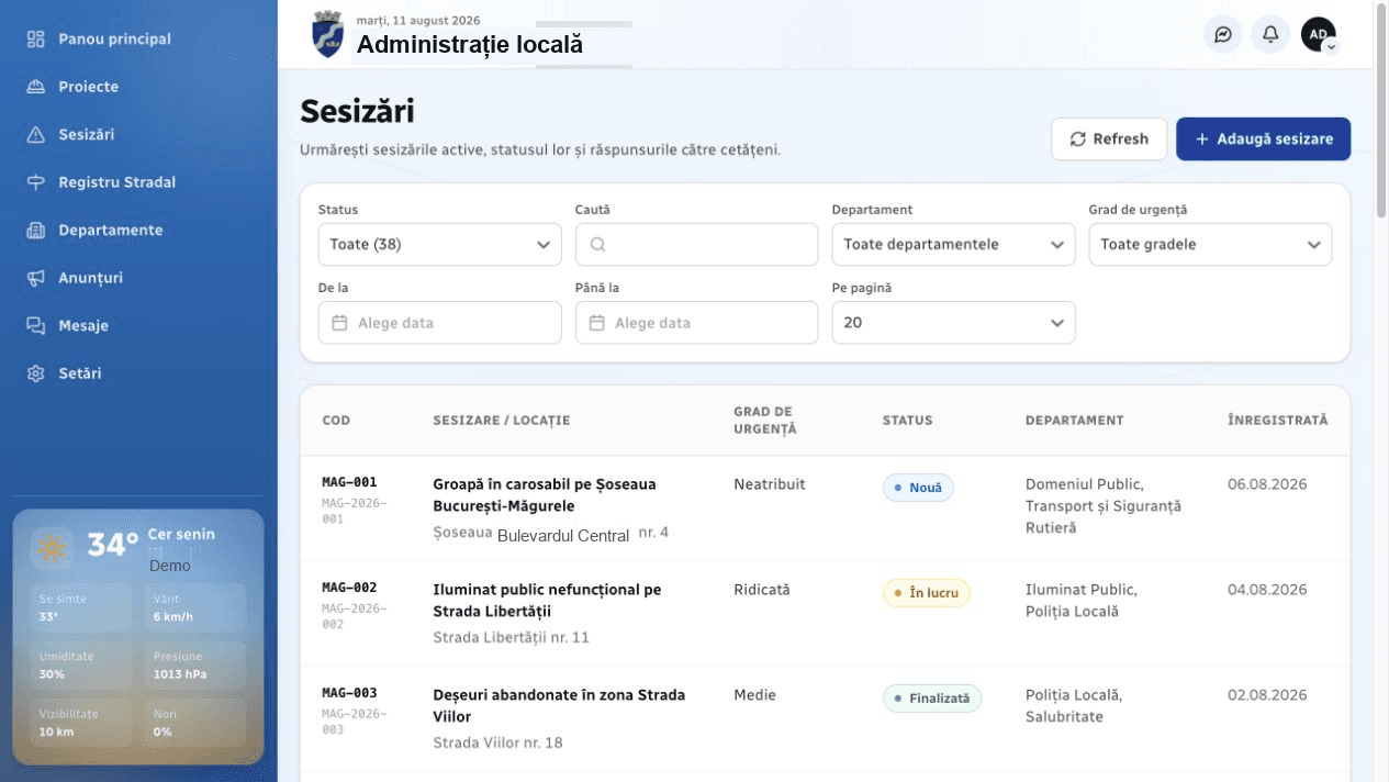 Interfața de management al sesizărilor eCivic