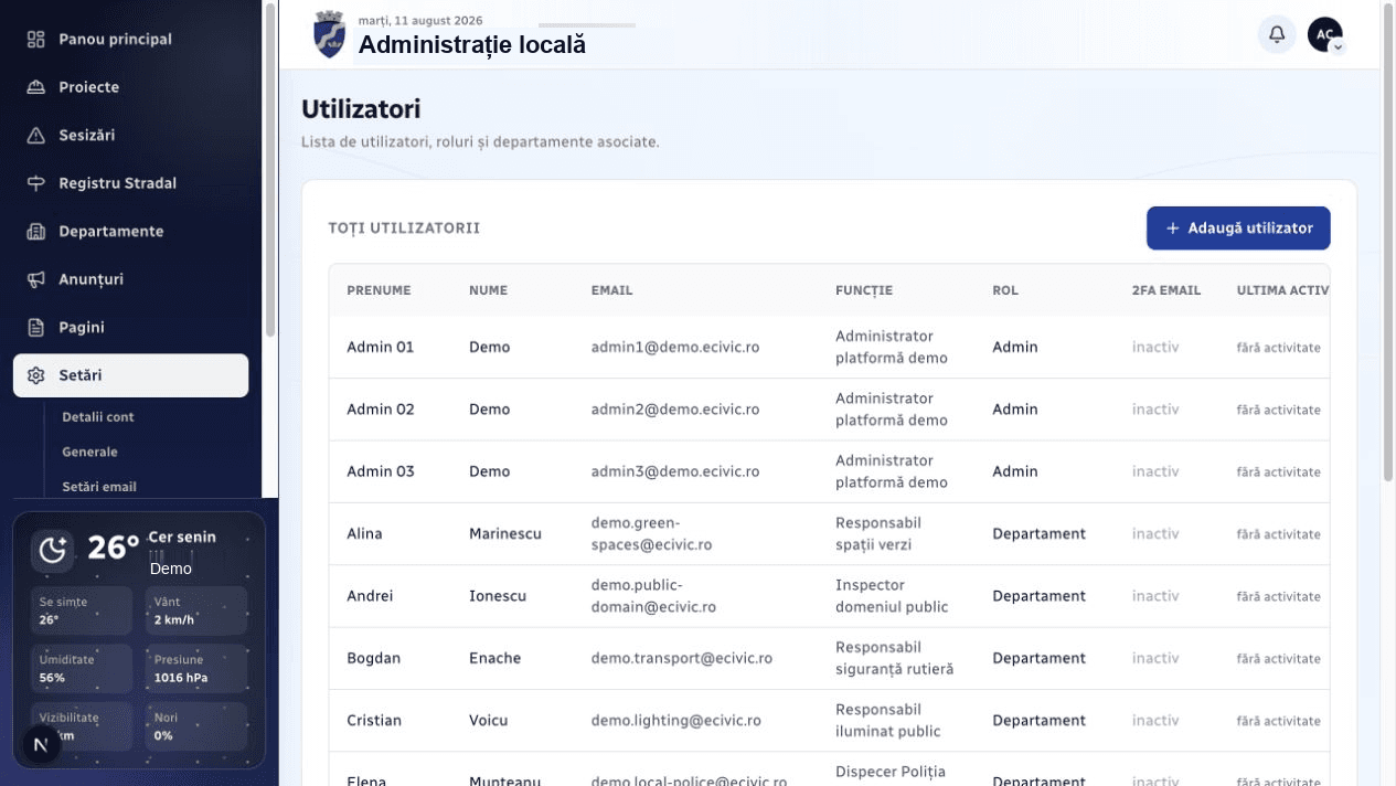 Controlul rolurilor și stării 2FA pentru utilizatori demonstrativi